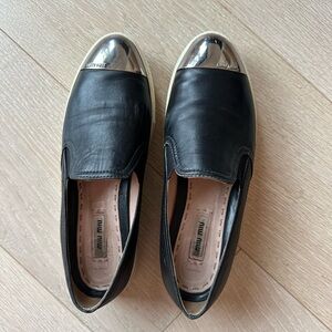 MIU MIU black leather silver cap almond toe slip on runners size 38